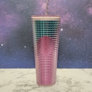 Starbucks Summer 2021 Pink Blue Disco Ombre Cup Kaleidoscope Grid 24oz w Straw